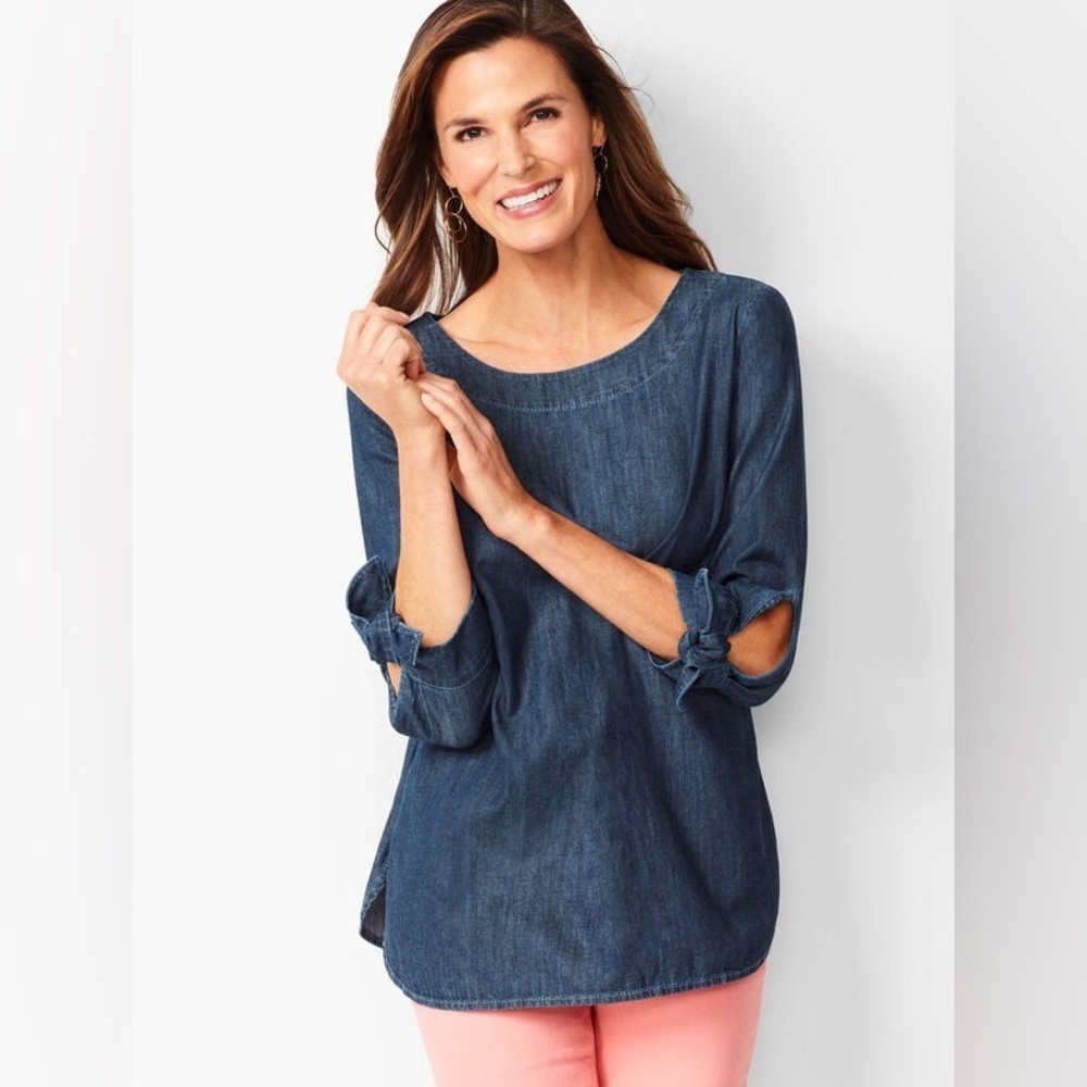 Talbots Denim tunic with tie sleeve M 3/4 Sleeves Round Neck